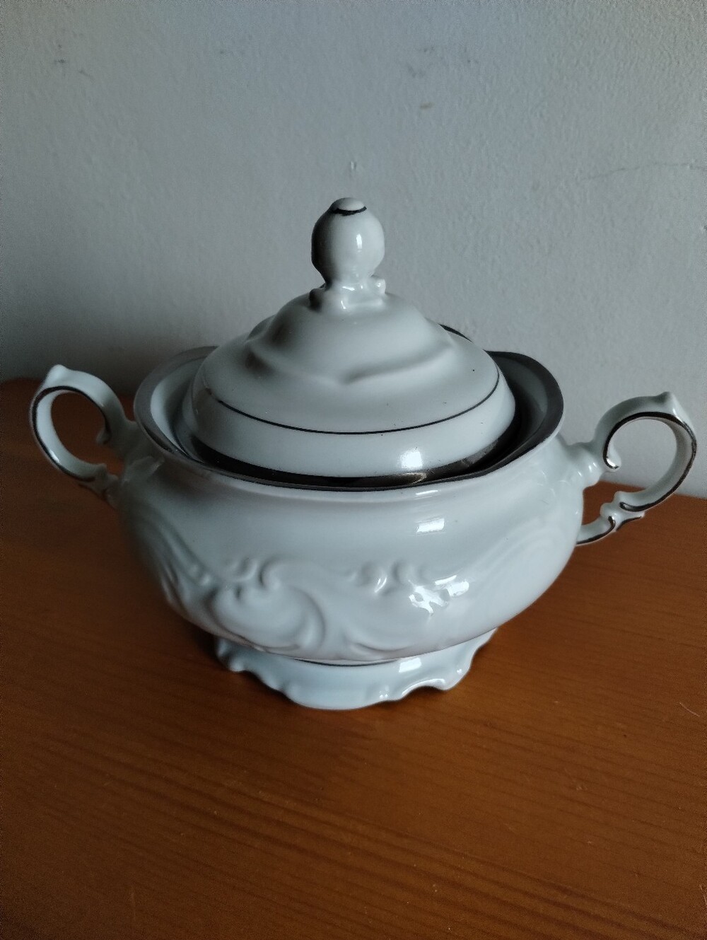 Walbrzych  Poland White Porcelain Covered Sugar Bowl with Silver Trim
